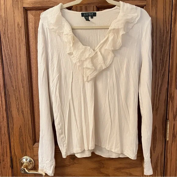 LAUREN Ralph Lauren Cream/White Ruffle Trim V-Neck Long Sleeve Shirt Siz… - Picture 3 of 7